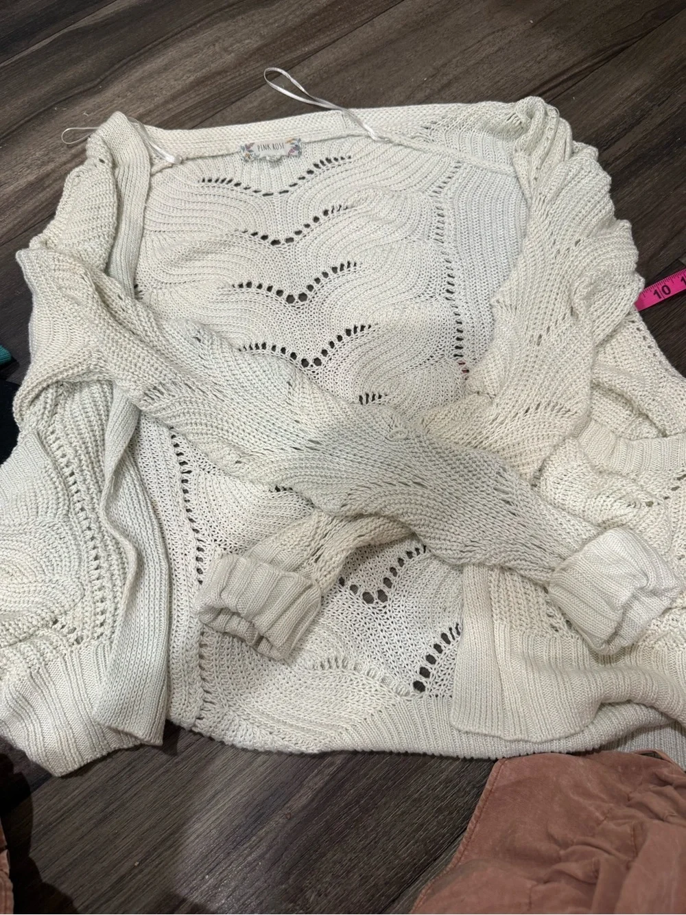 Pink Rose Cream Open Knit Cardigan • Size Medium • Boho Statement Sleeves